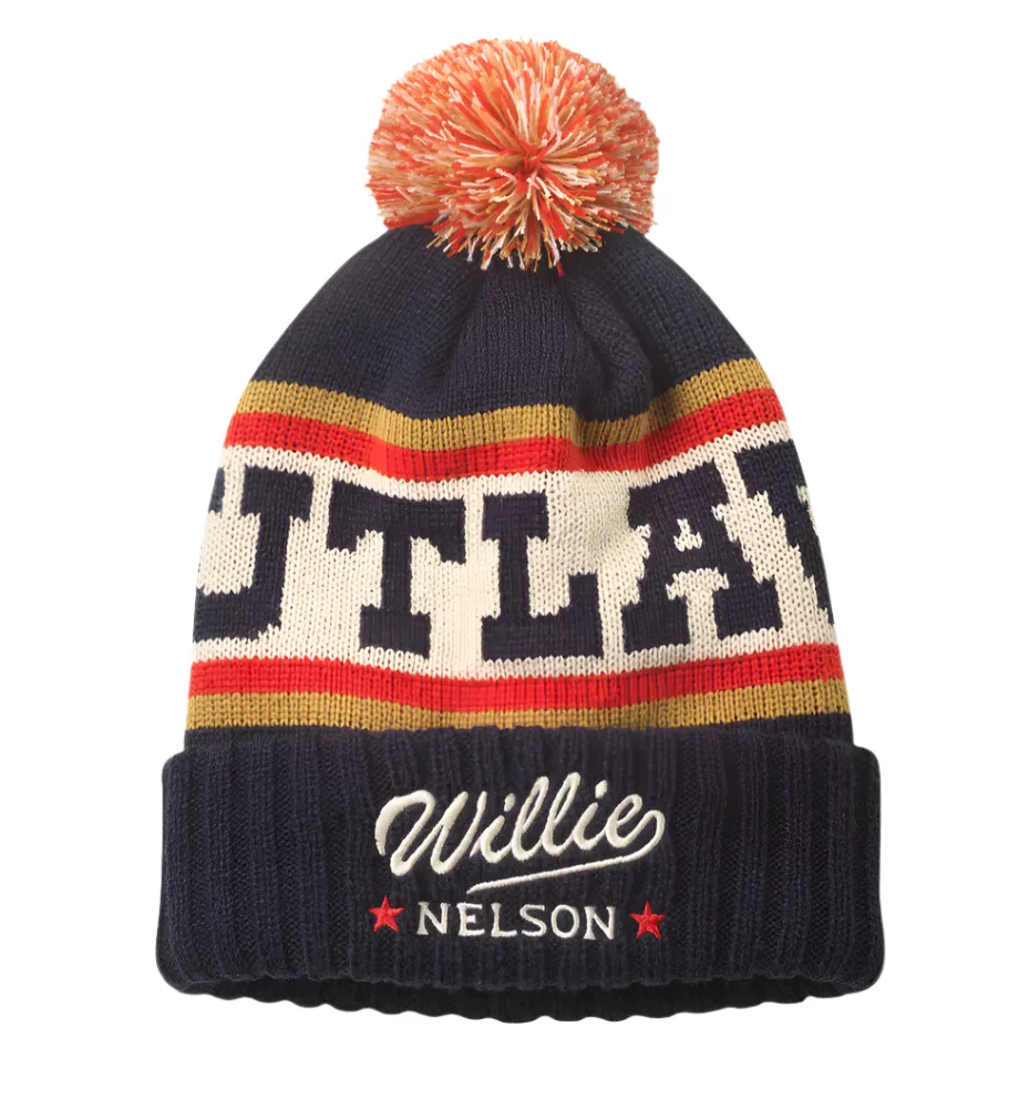 Pillow Line Knit Pom Pom Beanie - Willie Nelson (Navy/Ivory/Gold)